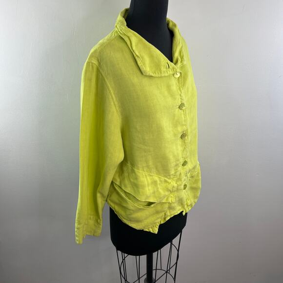 OSKA Lagenlook Bright Green Yellow Top Linen Collared Long Sleeve Jacket Size 2 - Picture 3 of 9